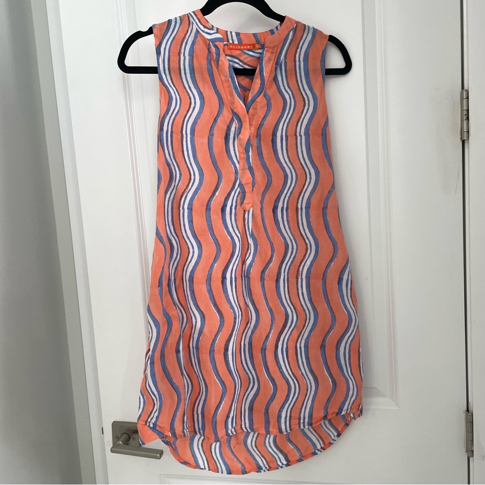 Oliphant Coral and Blue Wavy Stripe Mini Dress